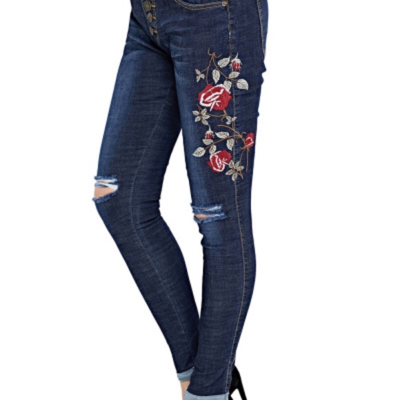 4xHP💝Floral embroidered distressd skinny jeans sz small - Picture 4 of 4